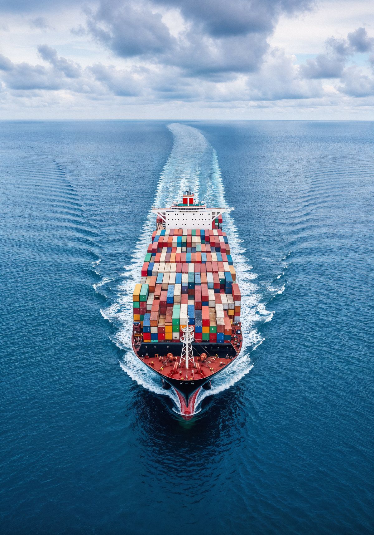 Navio de contêineres atravessando o oceano em direção ao horizonte